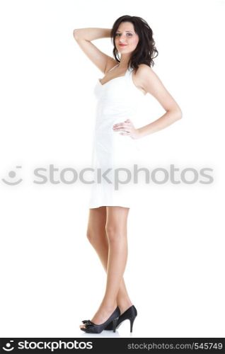 Portrait of an attractive young woman standing isolated white background