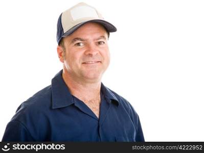 Portrait of an average, typical blue collar working man. Isolated on white.