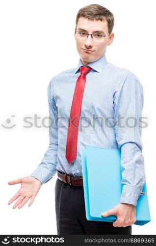 Portrait of an emotional accountant with a large folder in hands on a white background