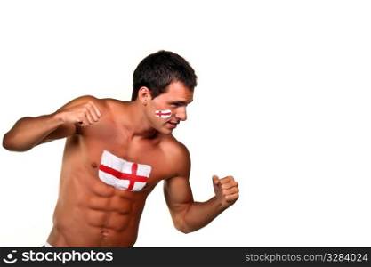 Portrait of an english football fan with flag on his body and face, isolated on white. Portrait of an english football fan with flag on his body and face, isolated on white