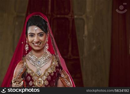 Portrait of an Indian bride in traditional clothing and jewelry