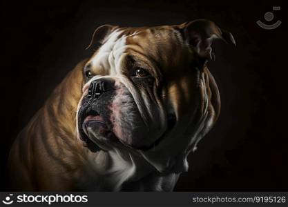 Portrait of an old english bulldog on a black background. Neural network AI generated art. Portrait of an old english bulldog on a black background. Neural network AI generated