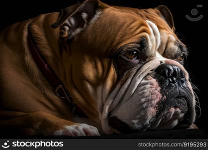 Portrait of an old english bulldog on a black background. Neural network AI generated art. Portrait of an old english bulldog on a black background. Neural network AI generated