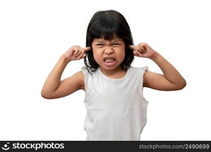 Portrait of angry emotional Asian girl screaming and frustrated shouting with anger, crazy and yelling and hand cover ears on white background, Attention deficit hyperactivity disorder  ADHD  concept