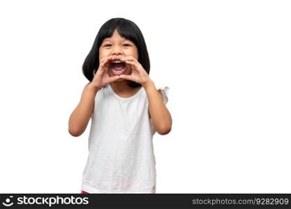 Portrait of angry emotional Asian girl screaming and frustrated shouting with anger, crazy and yelling on white background, Concept of attention deficit hyperactivity disorder (ADHD)