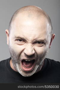 portrait of angry man sreaming isolated on gray background