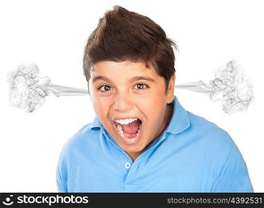 Portrait of angry teen boy isolated on white background, furious facial expression, guy opening mouth and shouting, bad mood, teenage years concept
