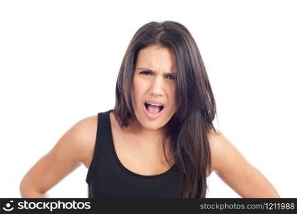 portrait of angry young brunette woman screaming