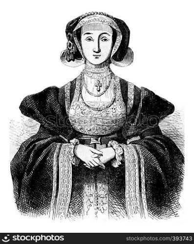 Portrait of Anne of Cleves, of after Holbein, vintage engraved illustration. Colorful History of England, 1837.