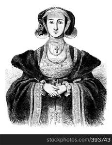 Portrait of Anne of Cleves, of after Holbein, vintage engraved illustration. Colorful History of England, 1837.