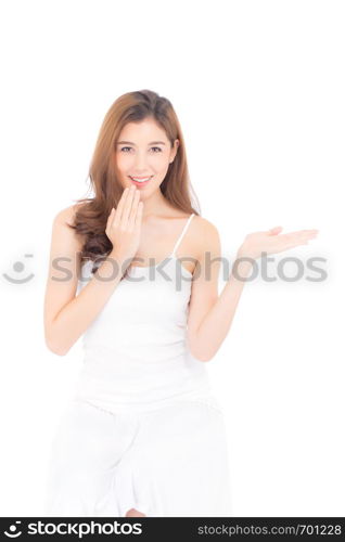 Portrait of asian beautiful young woman showing with healthy clean skin presenting something empty copy space on the hand isolated on white background, beauty concept.