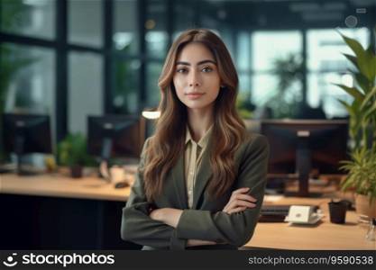 Portrait of asian business woman standing, arms crossed in office looking at camera. AI Generative
