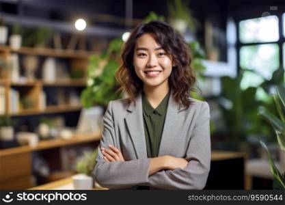 Portrait of asian business woman standing, arms crossed in office looking at camera. AI Generative