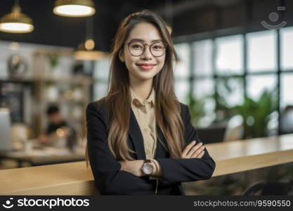 Portrait of asian business woman standing, arms crossed in office looking at camera. AI Generative