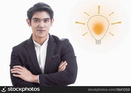 Portrait of asian business young man and drawing of light to present creativity