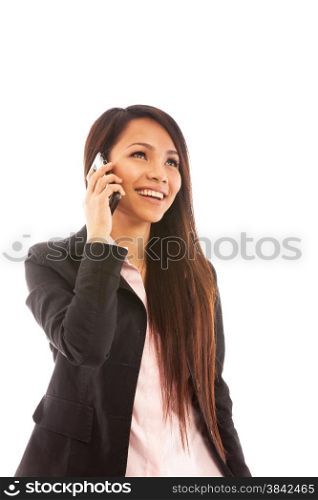 Portrait of asian businesswoman smiling while phoning over white isolated background