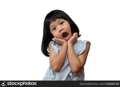 Portrait of Asian child 5 year old and to collect hair and a big smile on isolated white background, She is Happiness, radiance in youth