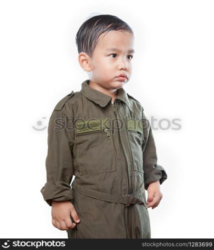 portrait of asian children wearing airforce pilot suit isolated white background