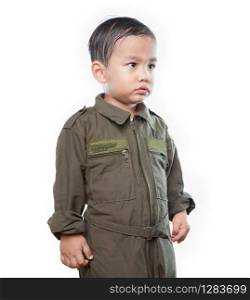 portrait of asian children wearing airforce pilot suit isolated white background