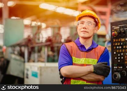Portrait of Asian Chinese labor happy worker smiling looking for the future in a heavy industrial factory.