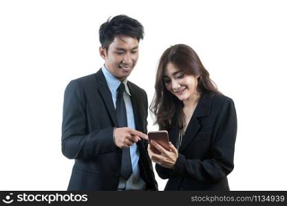 Portrait of asian couple businessman and businesswoman using the mobile phone on white background, isolate include clipping path