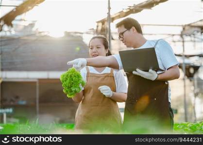 Portrait of Asian farmer man and woman working with laptop in organic vegetable hydroponic farm. Hydroponic salad garden owner checking quality of vegetable in greenhouse plantation.