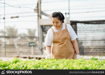 Portrait of Asian farmer woman looking at vegetable in field and checking crop quality. Organic farm concept.