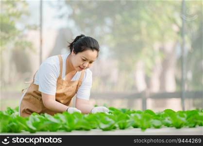 Portrait of Asian farmer woman looking at vegetable in field and checking crop quality. Organic farm concept.