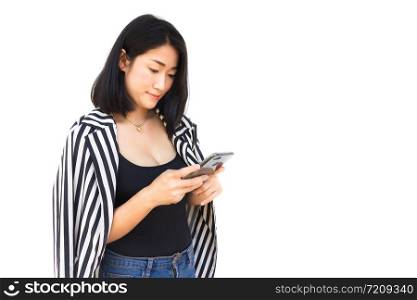 Portrait of Asian sexy woman using phone on white background