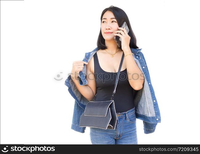 Portrait of Asian sexy woman using phone on white background