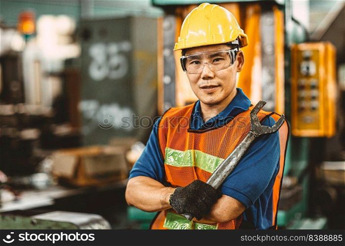 Portrait of Asian Thai Chinese labor happy worker enjoy happy smiling to work in a heavy industrial factory to fix machine with big wrench.
