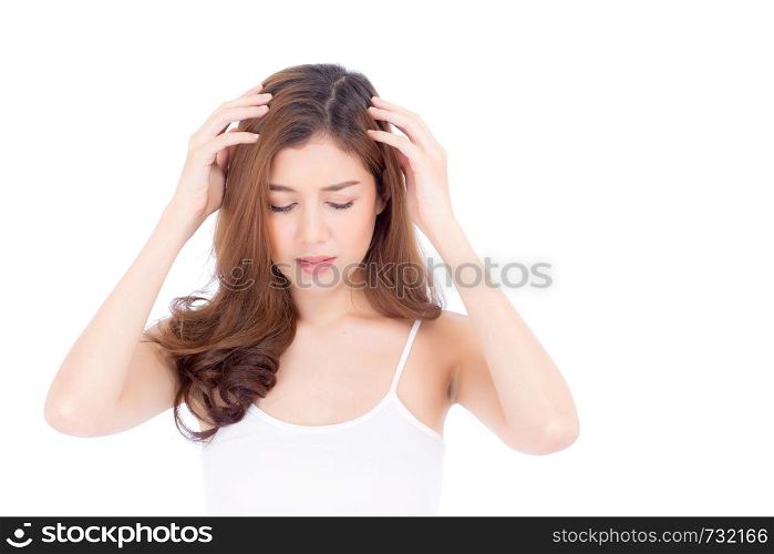 Portrait of asian woman have bored and displeased with something, girl with expression and emotion, lady tired or problem isolated on white background.