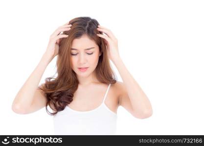 Portrait of asian woman have bored and displeased with something, girl with expression and emotion, lady tired or problem isolated on white background.