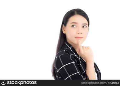 Portrait of asian woman thinking and holding touch mouth with hand, Beautiful girl use idea and with excited and surprise isolated on white background, Expressive facial.
