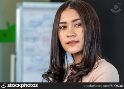 Portrait of asian young businesswoman in formal suit standing in the workplace