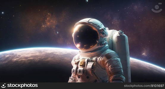 Portrait of astronaut floating in space with a planet behind. Generative AI. Portrait of astronaut floating in space with a planet behind. Generative AI.