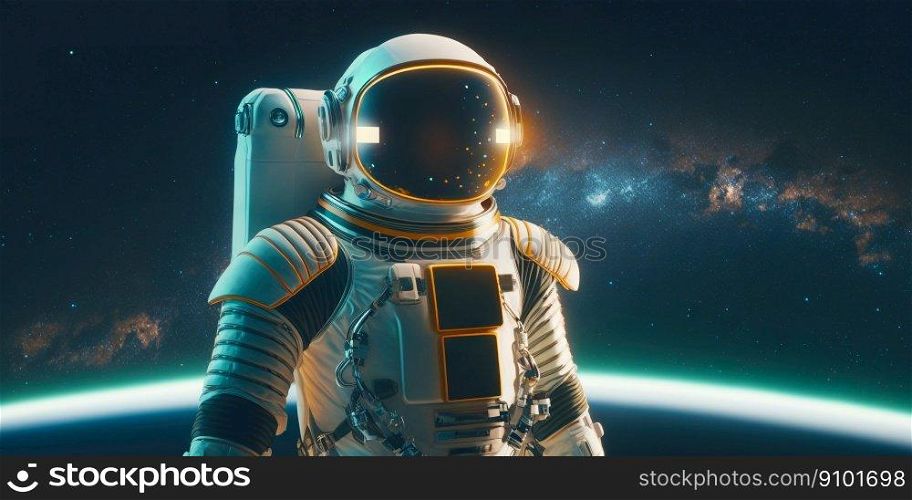 Portrait of astronaut floating in space with a planet behind. Generative AI. Portrait of astronaut floating in space with a planet behind. Generative AI.