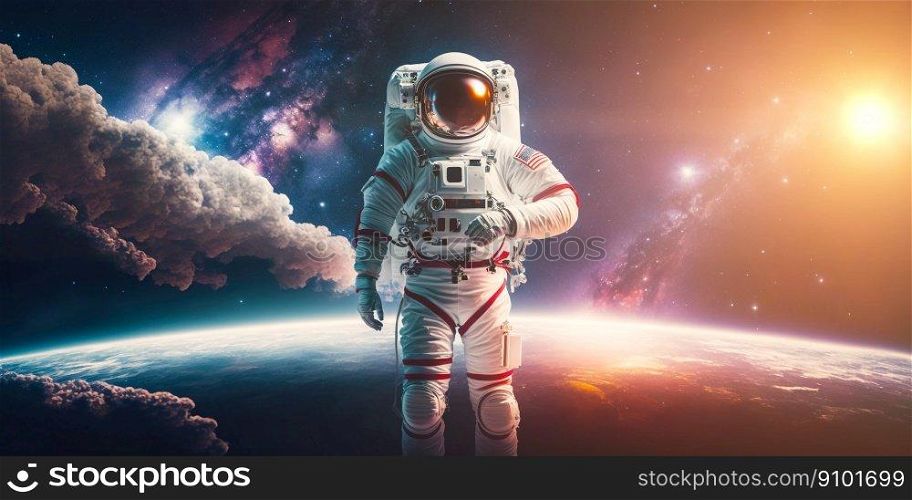 Portrait of astronaut floating in space with a planet behind. Generative AI. Portrait of astronaut floating in space with a planet behind. Generative AI.