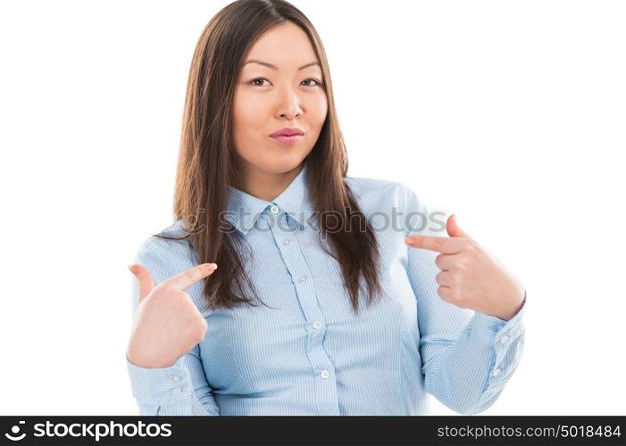 Portrait of attractive asian business woman making choose me sign isolated on white background