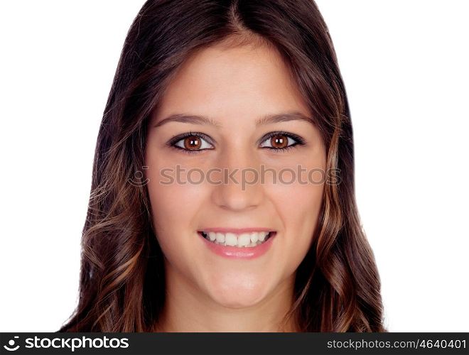 Portrait of attractive casual girl with brown eyes isolated on a white background