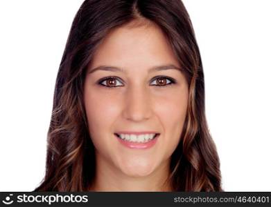 Portrait of attractive casual girl with brown eyes isolated on a white background