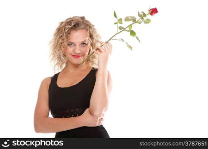 portrait of attractive caucasian smiling woman blond isolated on white red rose