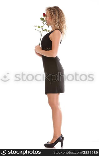 portrait of attractive caucasian smiling woman blond isolated on white red rose