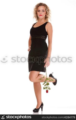 portrait of attractive caucasian smiling woman blond isolated on white red rose