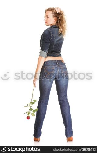 portrait of attractive caucasian smiling woman blond isolated on white studio shot in red rose