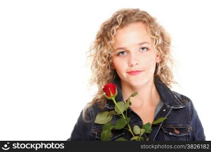 portrait of attractive caucasian smiling woman blond isolated on white studio shot in red rose