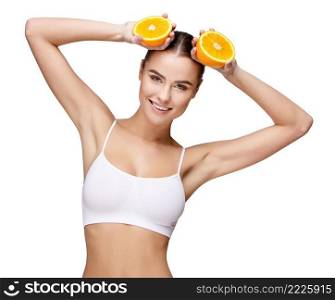 portrait of attractive caucasian smiling woman holding orange isolated on white. portrait of attractivesmiling woman holding orange isolated on white