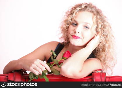 portrait of attractive caucasian woman blond wait red rose