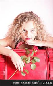 portrait of attractive caucasian woman blond wait red rose