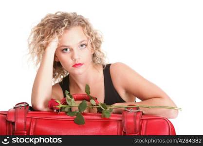 portrait of attractive caucasian woman blond wait red rose